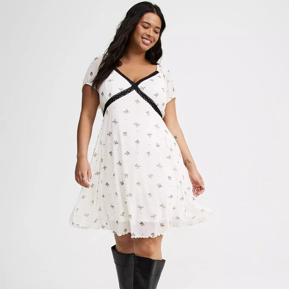 torrid White Dress with Black Trim and Silver Floral Print